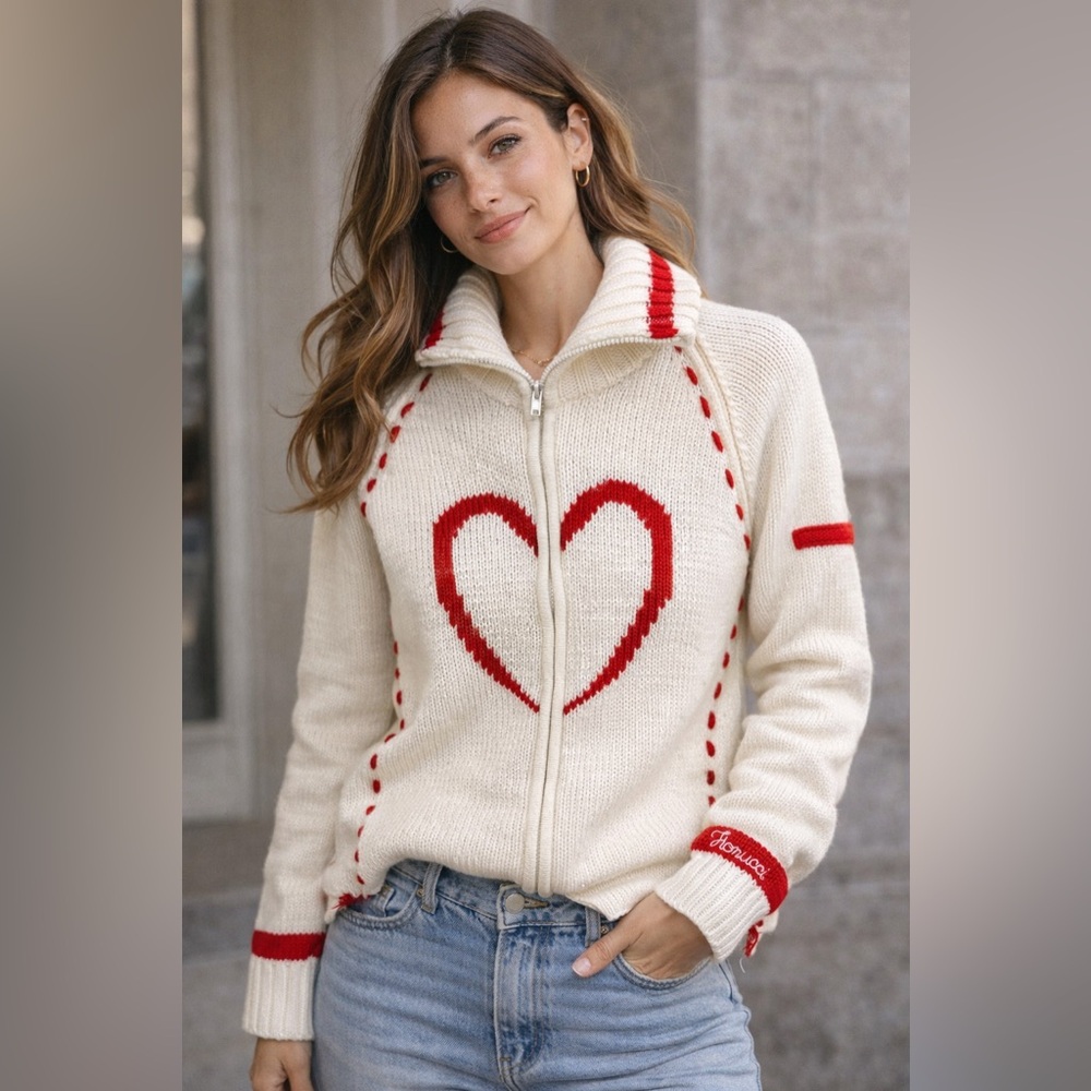 Fiorucci Cream Zip-Front Sweater with Red Heart Detail